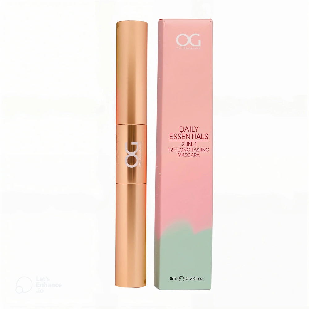 OG 2-in-1 Mascara with gold tube and pink gradient box designed for upper and lower lashes
