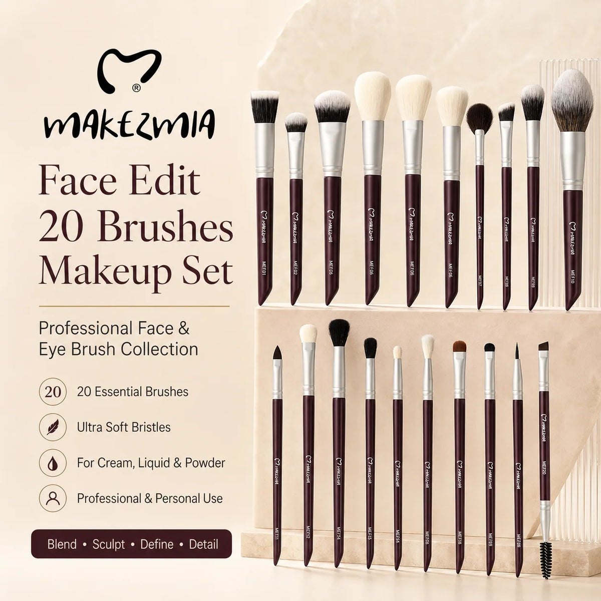 Makezmia Face Edit 20-Piece Professional Makeup Brush Set