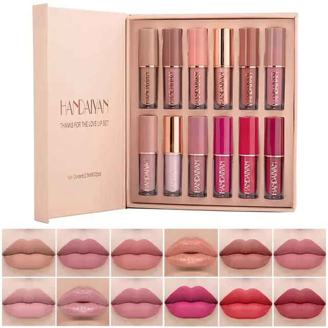 Open view of Handaiyan 12-color lipstick set with shades and packaging Main image