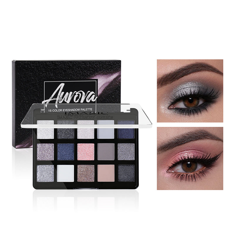 IMAGIC Aurora Eyeshadow Palette with outer box and two eye makeup looks in silver and pink shimmer shades