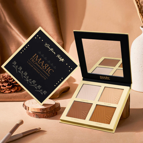 IMAGIC contour palette styled with soft background and makeup tools