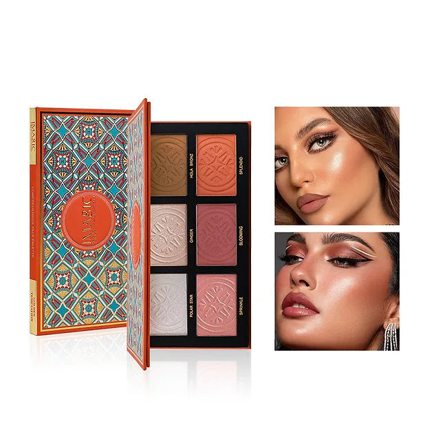 Models wearing IMAGIC FA-144 face palette showing glowing makeup looks