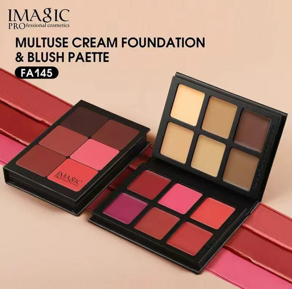 IMAGIC FA145 cream foundation and blush palette shown with packaging