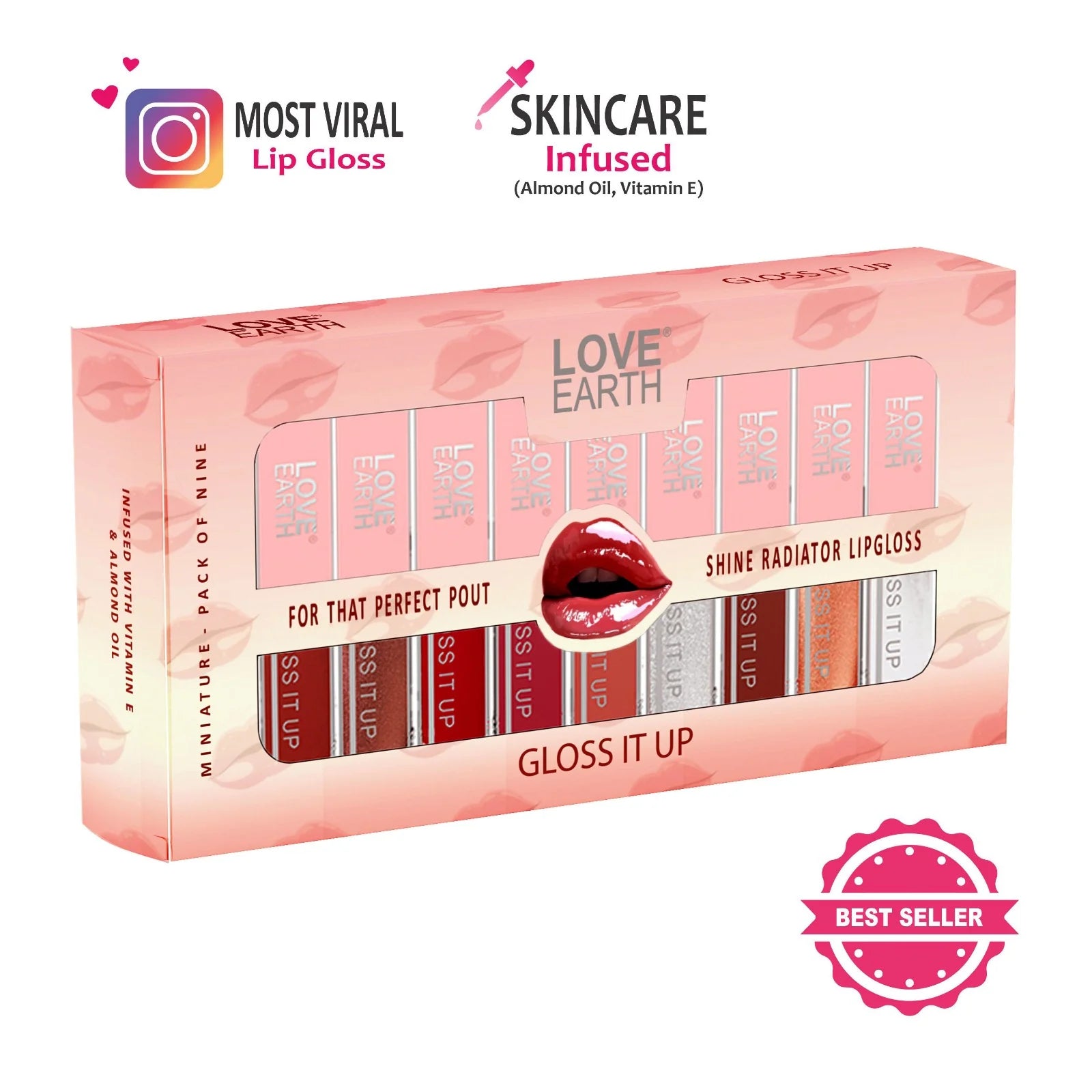 Love Earth Gloss It Up Lip Gloss Set with 9 mini glosses in a pink packaging Main image