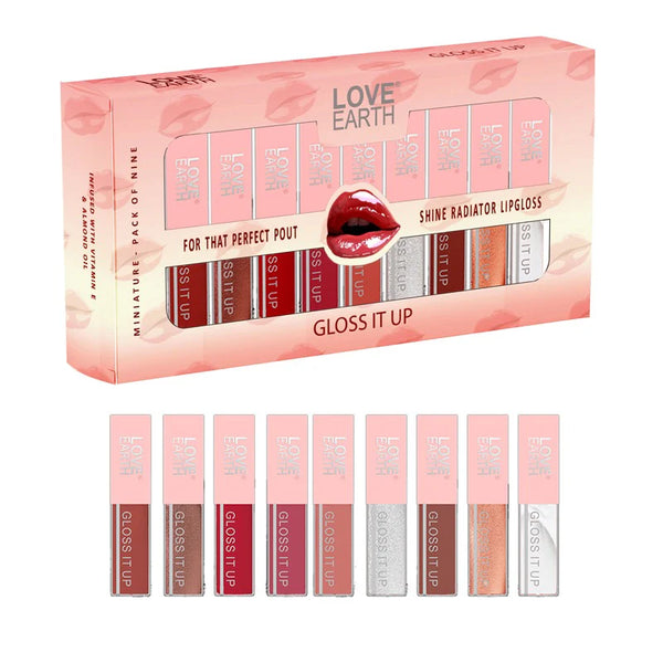 Gloss It Up mini gloss tubes by Love Earth shown with names and colors