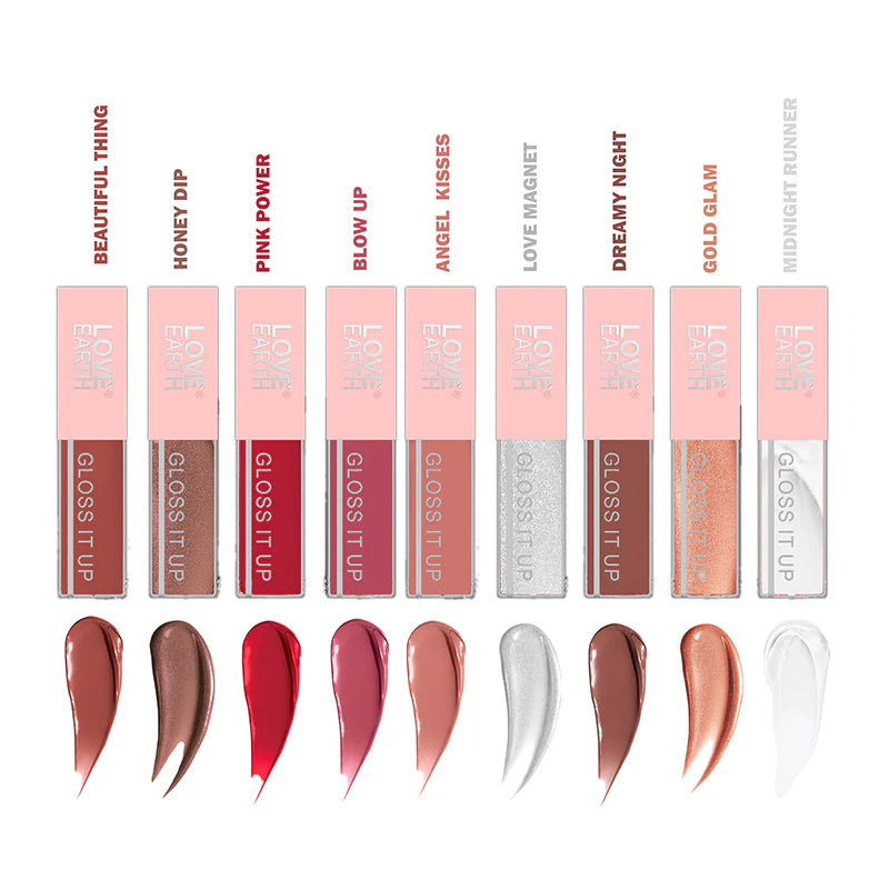 All 9 lip gloss shades from Love Earth Gloss It Up set with swatches