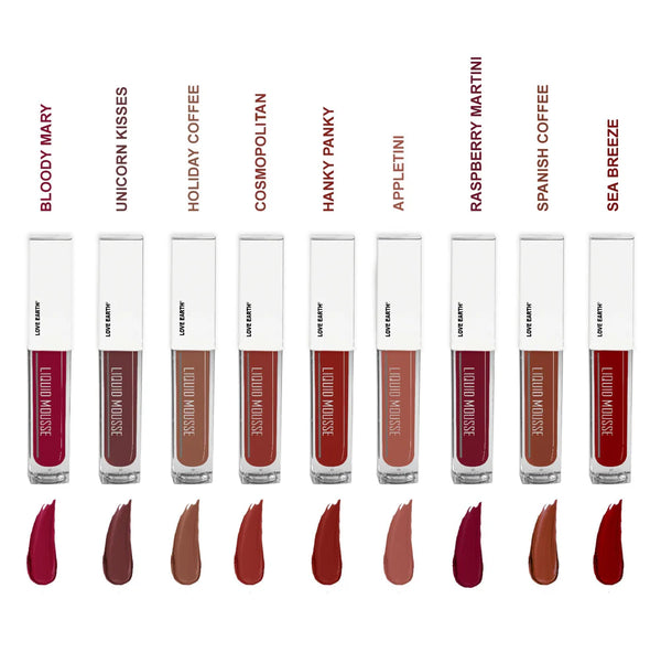 All 9 mini lipstick shades in Love Earth Liquid Mousse 2.0 set with swatches