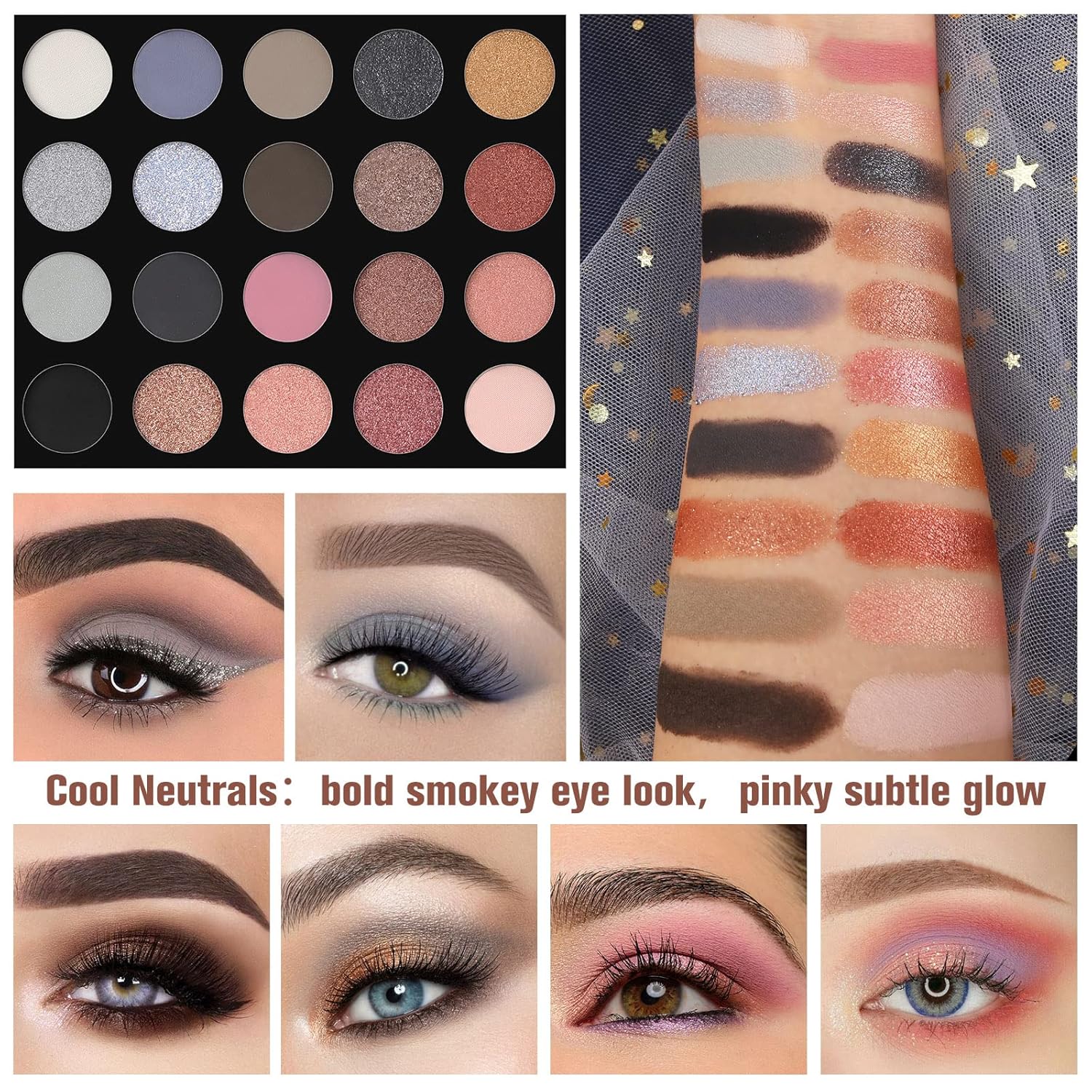 Swatches of UCANBE Pretty All Set 2 eyeshadows on arm in multiple finishes and colors
