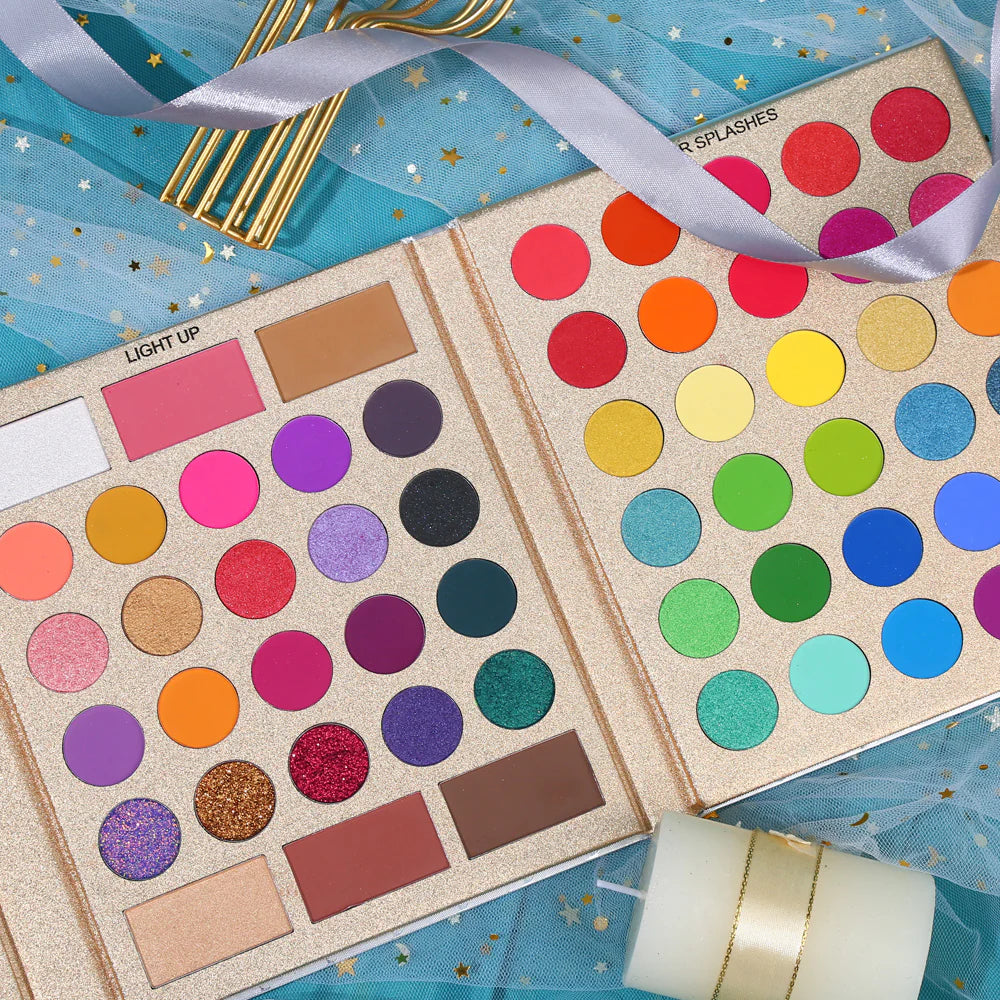 Close-up of UCANBE Gold Edition palette’s shimmer and glitter eyeshadows with blush and highlighter shades