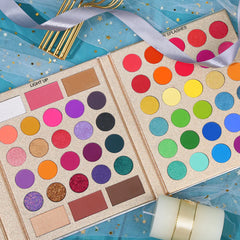 Close-up of UCANBE Gold Edition palette’s shimmer and glitter eyeshadows with blush and highlighter shades