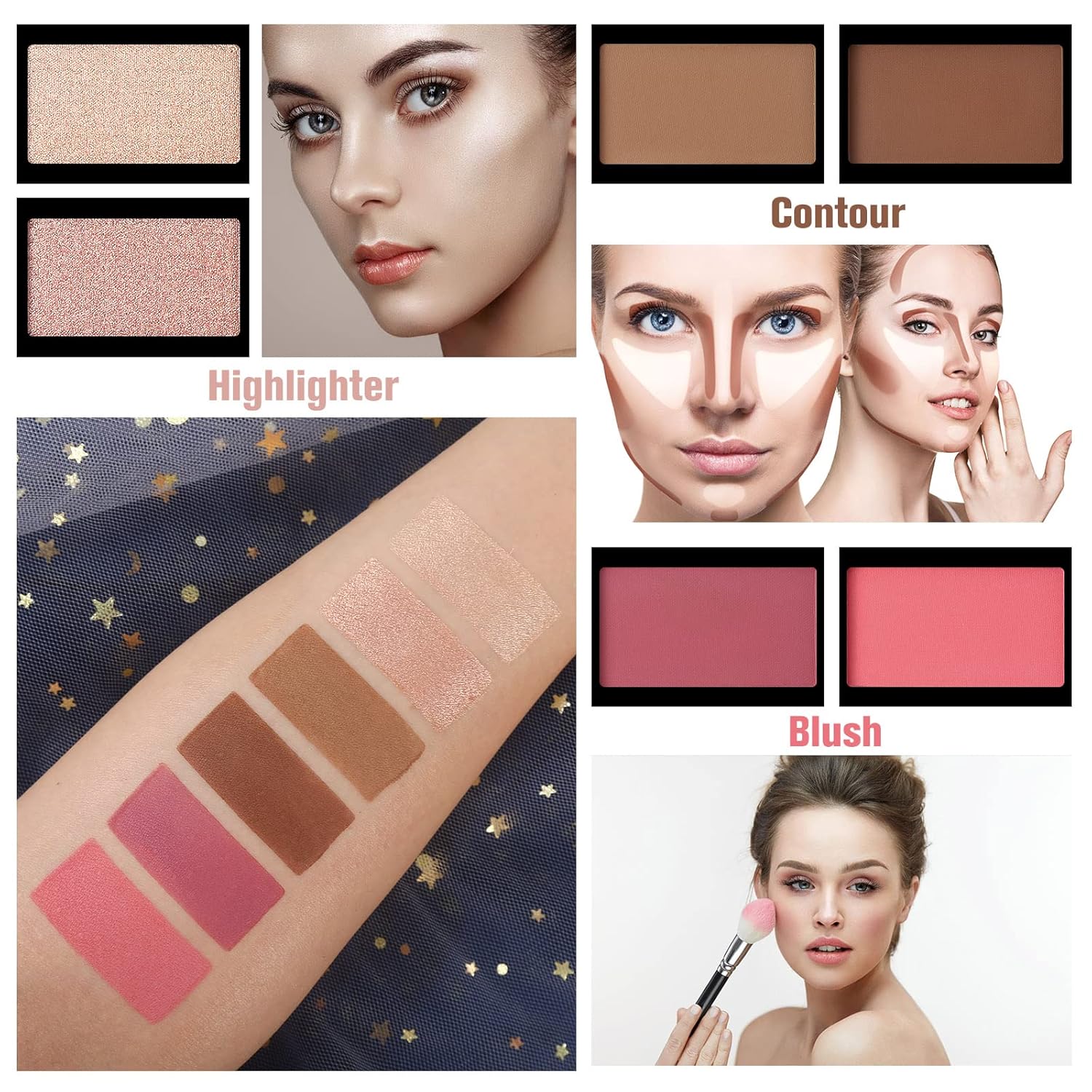 Full face makeup look using UCANBE Pretty All Set 2 eyeshadow, blush, and highlighter