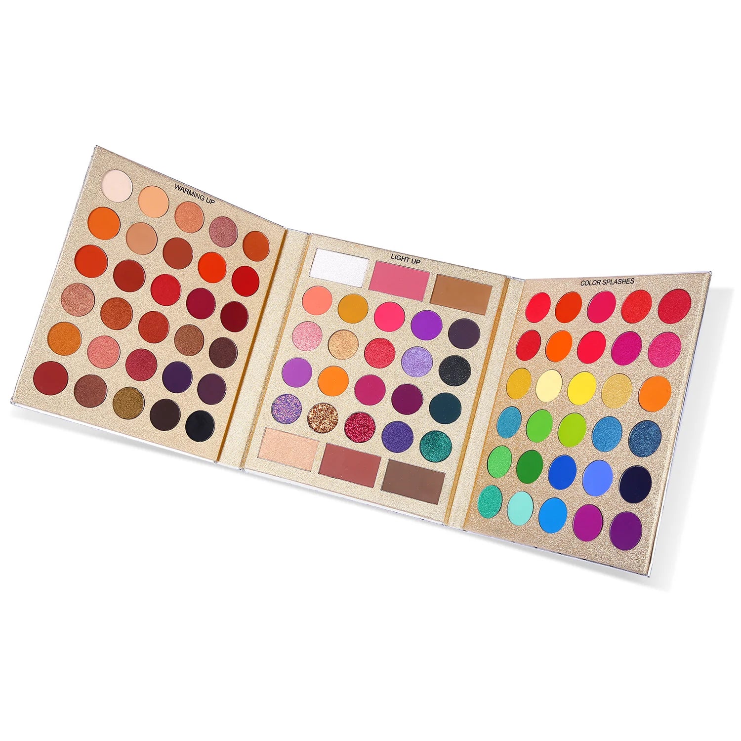 UCANBE Pretty All Set Gold Edition full makeup palette opened to display 86 shades including eyeshadow, blush, highlighter, and contour
